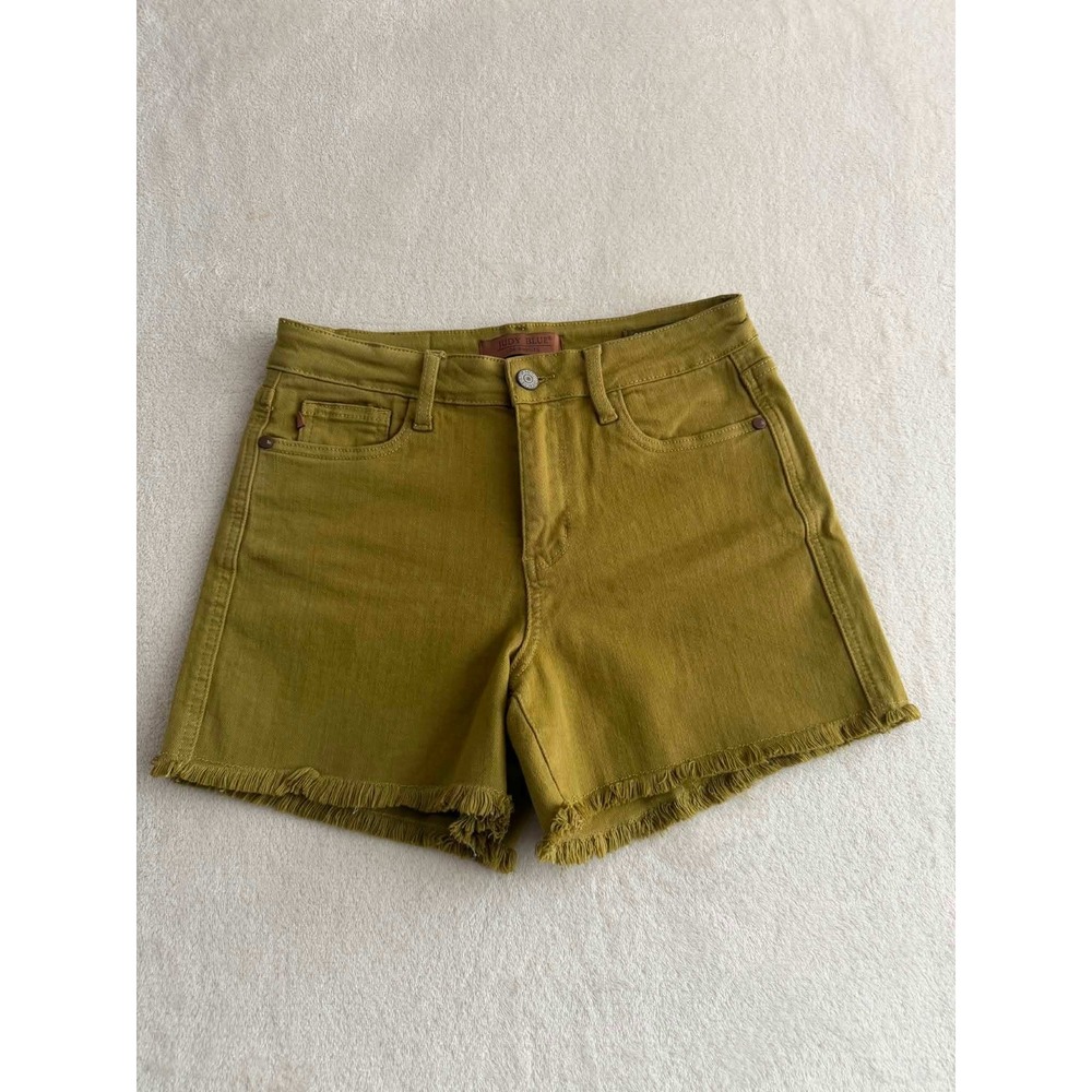 Judy Blue Womens Size Medium Mustard Yellow Garment Dyed Frayed Hem Denim Shorts